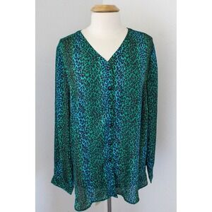 Bob Mackie Top Womens XL Green Leopard Print V-Neck Button Up Shirt Long Sleeve
